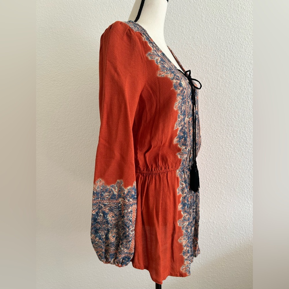 FREE PEOPLE SZ M Slubbed Crinkle Wildest Tunic Persimmon FRONT CRISS CROSS TIE - Picture 5 of 12